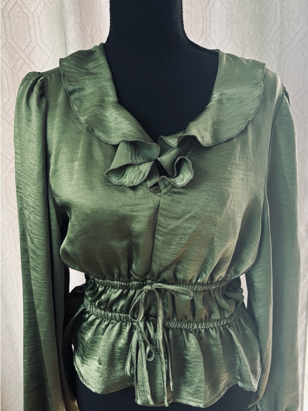 Steve Madden Olive Green Satin Ruffle-Waist Long Sleeve Top